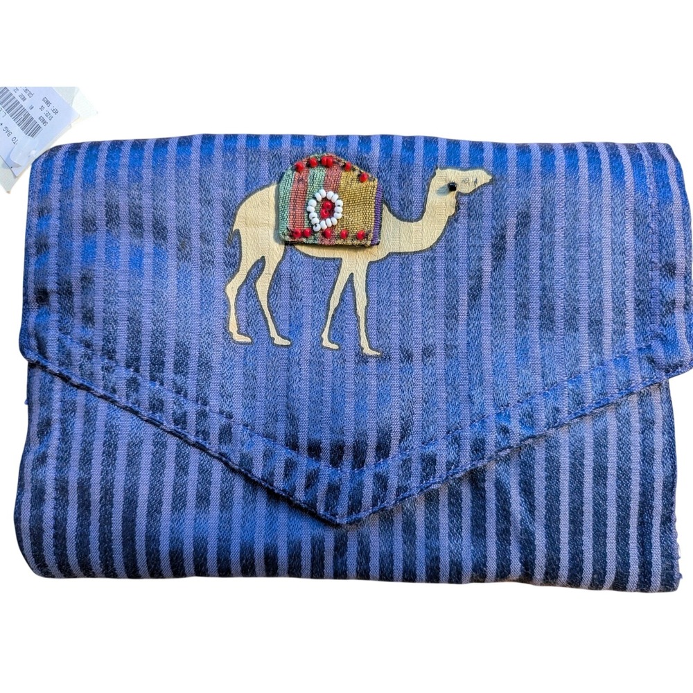 Safari Blue Striped Brushed Cotton Camel Beaded Envelope Clutch Jewelry Bag NWT